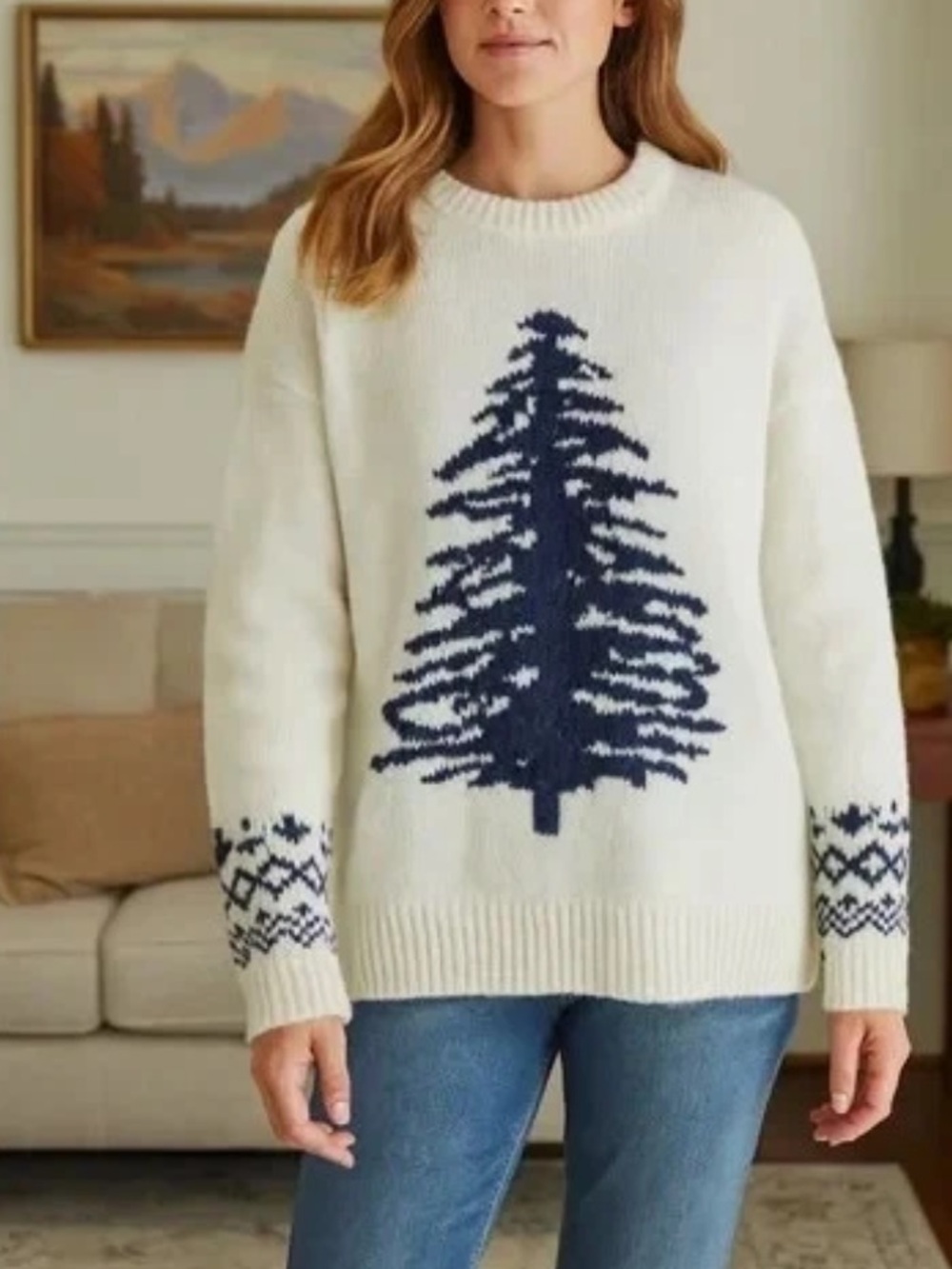 Sundance Navy Cream Sweater Pullover Crew Fair Isle Tree Print Size large